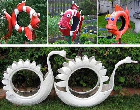 20 Garden Decorations and Kids Toys Made with Recycled Tires Tire Craft, Tire Garden, Recycled Garden Art, Tire Planters, Tire Art, Jardim Diy, Tyres Recycle, Kraf Diy, Recycled Garden