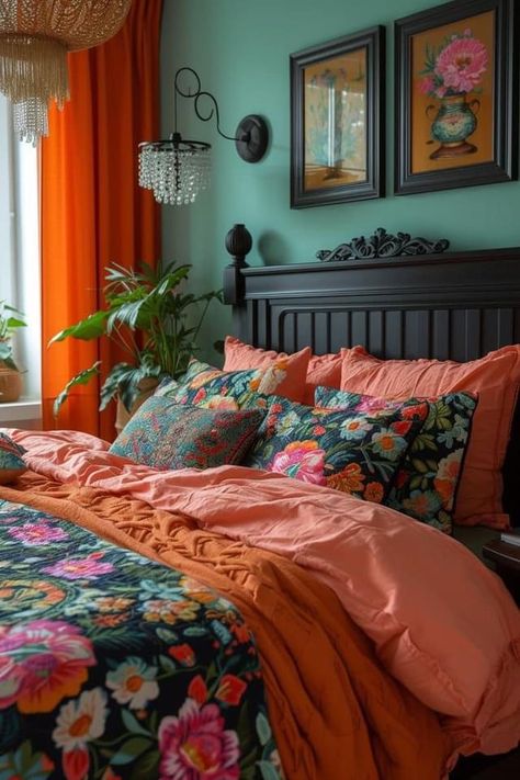 Bright Bedrooms Ideas, Bohemian Room Inspiration, Bed Room Ideas For Couples Colors Paint Colour Schemes, Funky Cottage Interiors, Maximalist Condo, Cozy Bedroom Design Ideas, Bohemian Maximalist Bedroom, Eclectic Green Bedroom, Colorful Guest Bedroom Ideas