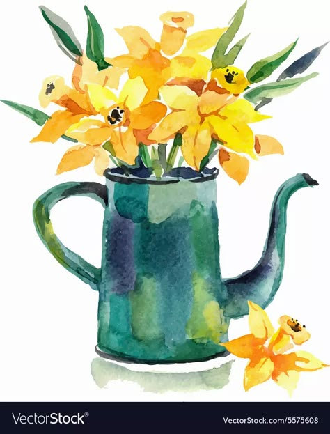 Watercolor hand drawn coffeepot with flowers vector image Easter Drawings, Line Art Flowers, Sunflowers Background, Flowers Vector, Abstract Flower Art, Watercolor Pictures, Sunflower Bouquets, Watercolour Inspiration, Watercolor Plants