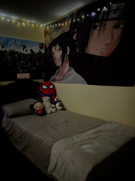 #bedroomideas #bedroom #aesthetic #room #roomdecoration #naruto #pucca #itachi #marvel #spiderman Minimalist Bedroom Anime, Spiderman Bedroom Aesthetic, Naruto Room Ideas, Naruto Bedroom Ideas, Spiderman Room Aesthetic, Naruto Room Decor, Naruto Room, Men Room Ideas Bedrooms, Bedroom Ideas Men