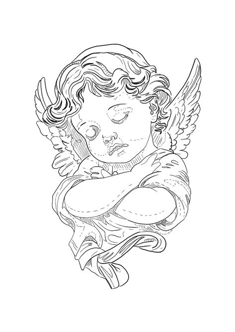 Cherub Statue Tattoo, Cherub With Ak Tattoo, Baby Cherub Tattoo Design, Cherubs Drawing, Engel Tattoo Design, American Traditional Cherub, Tattoo Ideas Angels, Cherub Angel Drawing, Angel Leg Tattoo