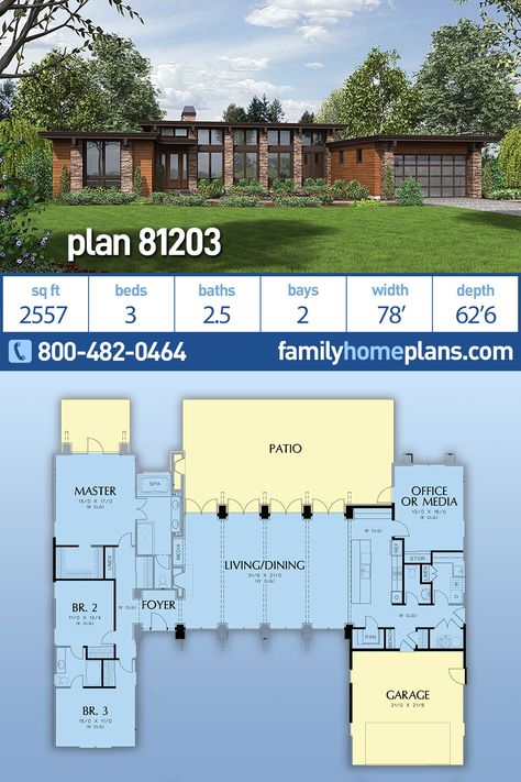 3 Bedroom Modern House Plan With Great Window Views House Plans 3 Bedroom, Front Courtyard, Casas The Sims 4, Modern Style House Plans, Contemporary Style Homes, Casa Container, Family House Plans, Modern House Plan, Contemporary House Design