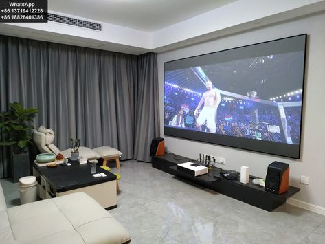 Garage Projector Screen, Living Room Projector Setup, Projector Cabinet, Projector Screen Living Room, Projector Room, 120 Inch Projector Screen, Projector Ideas, Garage To Living Space, Theater Rooms