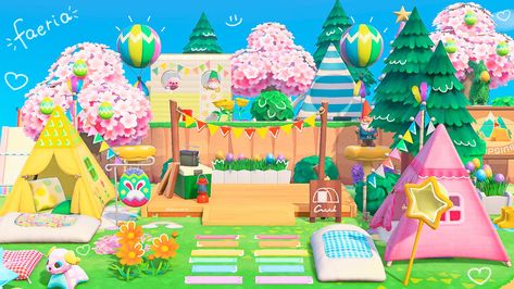 Acnh Kidcore Campsite, Animal Crossing Colorful Island, Animal Crossing Build Ideas Kidcore, Kidcore Aesthetic Animal Crossing, Kidcore Ideas Acnh, Acnh Space Fillers Kidcore, Acnh Core Themes, Pastel Kidcore Animal Crossing, Animal Crossing Island Inspiration Kidcore