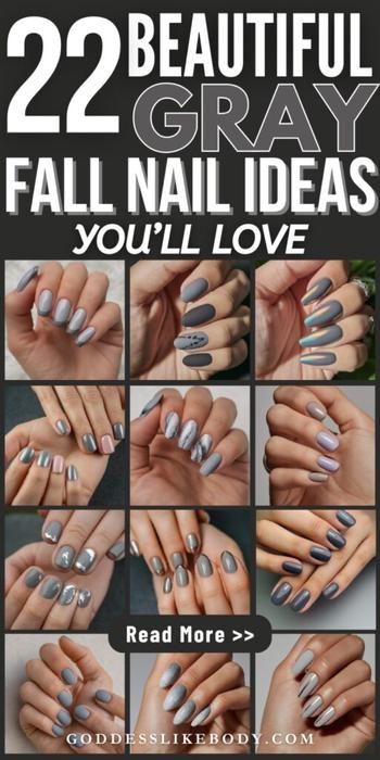 22 Beautiful Gray Fall Nail Ideas You'll Absolutely Love Fall Nail Colors Gray, Gray Autumn Nails, Gray Fingernail Designs, Gray Nail Polish Ideas, Gray Powder Dip Nails, Grey White Nails Design, Elegant Grey Nails, Fall Nail Designs Gray, Grey Nail Color Ideas