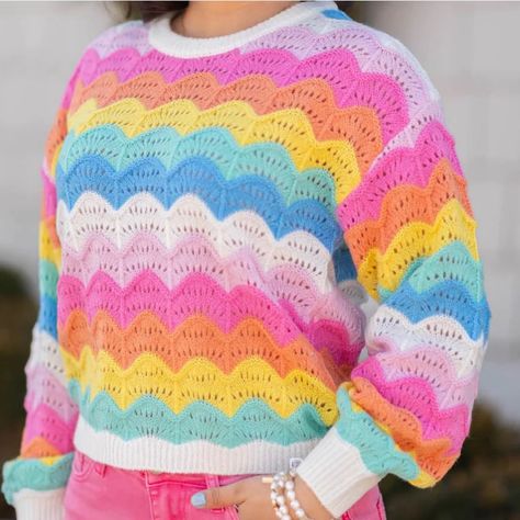 So Fun ~Pastel Rainbow Sweater. Wear With Multiple Color Jeans, Skirts, Or Skorts!! Such A Fun Colorful Piece To Add To Your Closet Pastel Crochet Sweater, Crochet Colorways, Rainbowcore Fashion, Sweaters Colorful, Colorful Clothes, Color Jeans, Sweater Ideas, Pastel Outfit, Rainbow Sweater