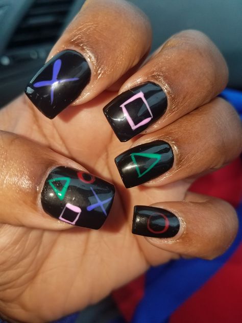 Fortnite Nails Designs, Gaming Nail Art, Gamer Nails Design, Playstation Nails, Gaming Nails, Video Game Nails, Nintendo Nails, Jason Nails, Gamer Nails