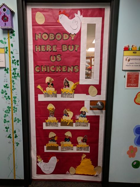 Chicken Name Tags Diy, Chicken Coop Classroom Ideas, Preschool Farm Bulletin Board, Farm Door Ideas For Classroom, Chicken Theme Classroom, Barnyard Theme Classroom, Farm Classroom Door Ideas, Chicken Classroom Decor, Farm Door Decorations Classroom