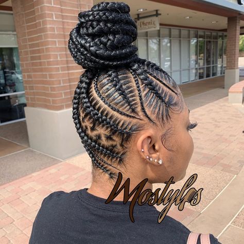 Ponytail Stitch Braid Style, Stitch Braids Updo, Updo Cornrow Hairstyles, Stitch Braid Hairstyles, Freestyle Ponytail, Braid Updo For Black Women, Updo Cornrows, Cornrow Updo Hairstyles, Braided Bun Styles