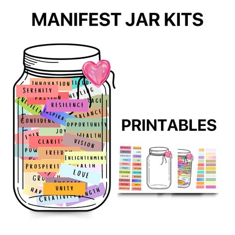 Manifest Kit Printable for Attracting Abundance, Law of Attractions, DIY Jar Kits of Affirmations, Printables, Daily Words of Manifestations Elevate your daily routine and harness the power of the universe with our Manifest Kit Printable. Designed for those who practice the Law of Attraction, this DIY jar kit is filled with affirmations and daily words of manifestation to help you attract abundance into your life. 🌟 Product Features: Instant Digital Download: Get immediate access to your manife Power Of The Universe, Diy Jar, Attracting Abundance, Attract Abundance, Abundance Mindset, Daily Word, Jar Diy, Words Of Affirmation, The Law Of Attraction