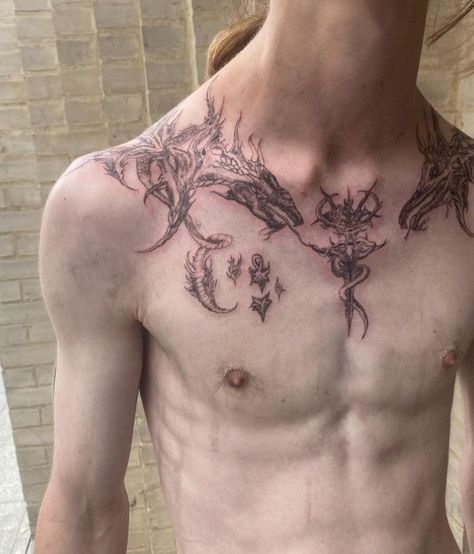 Tattoo Ideas Chest Mens, Men’s Side Tattoo, Men Torso Tattoo, Cybersigilism Tattoo Chest, Cybersigilism Chest Tattoo, Tattoo Inspo Men, Pec Tattoo Men, Chest Tattoo Male, Upper Chest Tattoo Men