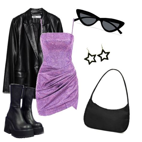 Purple sparkle dress with black leather jacket and black boots /accessories/ Dress With Black Leather Jacket, Euphoria Aesthetic Outfits, Euphoria Inspired Outfits, Euphoria Outfits Party, Hslot Outfit Ideas, Harry Styles Concert Outfit, Euphoria Clothing, Cute Concert Outfits, Euphoria Fashion