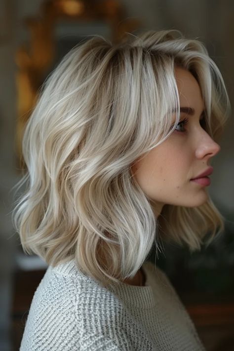 Side profile of a person with wavy blonde bob hairstyle and a cream sweater, looking to the left against a blurred indoor background. Striking Hair, Short Hair Blonde, Blonde Lowlights, Summer Hair Color Ideas, Summer Blonde Hair, Blonde Hair Inspiration, Hair Appointment, Hair Affair, Colorful Hair