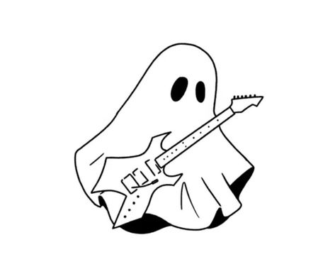 Cute Spooky Halloween Drawings, Simple Ghost Tattoo Ideas, Ghost With Guitar Tattoo, Ghost Playing Guitar Tattoo, Ghost Listening To Music Tattoo, Gost Drawings Halloween, Halloween Henna Design, Ghost With Guitar, Scary Doodles Easy