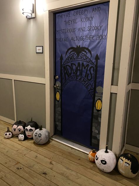 Adams Family Halloween Door Decoration, Adams Family Bulletin Board, Addams Family Classroom Door, Adams Family Pumpkin Decorating, Wednesday Addams Door Decoration, Halloween Door Theme, Beetle Juice Classroom Door, Adams Family Door Decoration, Addams Family Door Decoration