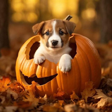 Puppy In Pumpkin, Cats Photoshoot, Fall Puppies, Fall Dog Photos, Autumn Dogs, Fall Puppy, Good Morning Dog, Dog Photoshoot Pet Photography, Autumn Animals