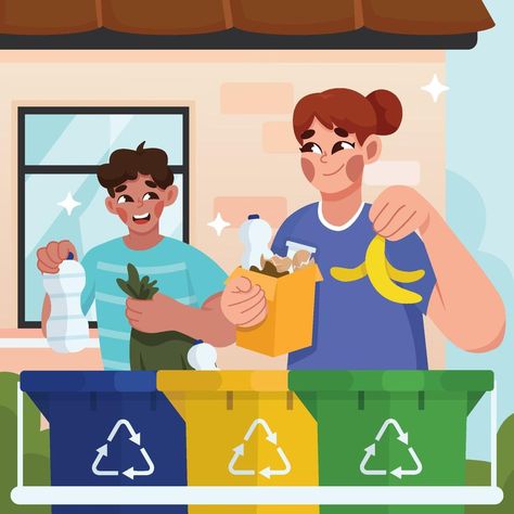 Brother and Sister Sorting Trash for Recycling at Home Brother And Sister, Vector Art, Vector Free, Recycling, At Home, Royalty Free, For Free, Clip Art, Art