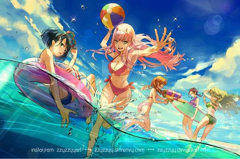 🌸Girls' Bonding Time at the Beach🌸 Anime Summer, 5 Anime, Zero Two, Art Beach, Darling In The Franxx, Beach Time, 영감을 주는 캐릭터, Art Reference Poses, Anime Wallpaper