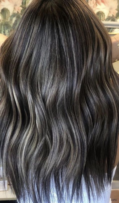 Light Brown Hair With Grey Highlights, Gray Blending Dark Hair, Mushroom Hair Color With Highlights, Hair Color Ideas For Brunettes With Highlights, Dark Hair With Ashy Highlights, Dark Hair With Silver Highlights, Grey Blending Highlights Brunette, Blended Brunette, Ashy Babylights On Dark Hair