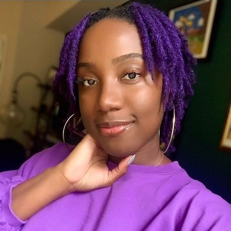 Would you rock purple locs? Repost: @123locd Colored Locs Black Women Purple, Purple On Black Women, Purple Dreadlocks Black Women, Dark Purple Locs, Purple Locs Black Women, Hairstyles With Purple, Coloured Locs, Purple Dreadlocks, Purple Locs