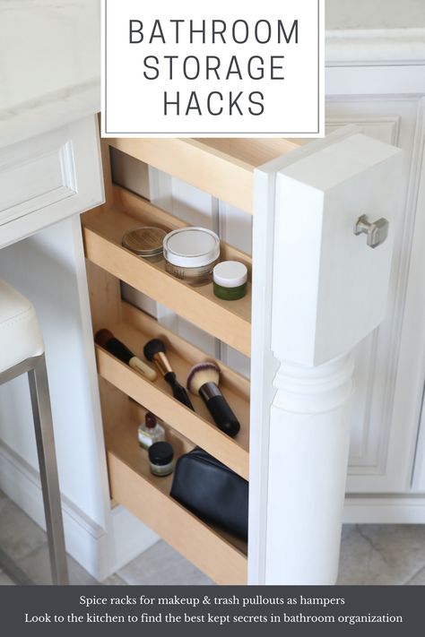 bathroom storage hacks Bathroom Hampers, Bathroom Tower, Custom Bathroom Cabinets, Organized Bathroom, Bathroom Storage Hacks, Bathroom Wall Storage, Bathroom Tall Cabinet, Bathroom Hacks, Bathroom Cabinetry