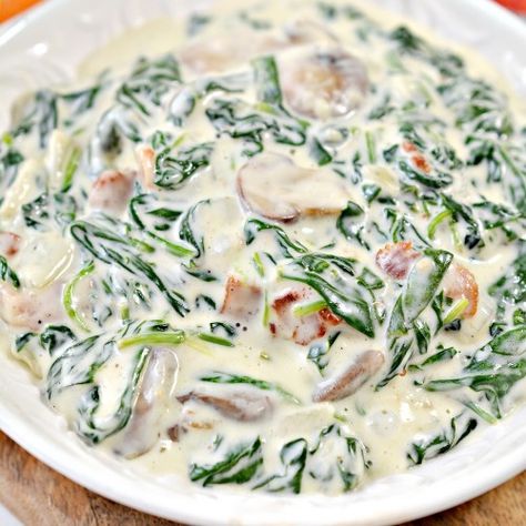 Keto Creamed Spinach With Mushrooms - Stylish Cravings Keto Creamed Spinach Recipe, Popper Casserole, Stylish Cravings, Cream Spinach, Keto Creamed Spinach, Keto Jalapeno, Creamed Spinach Recipe, Spinach And Mushrooms, Keto Shrimp