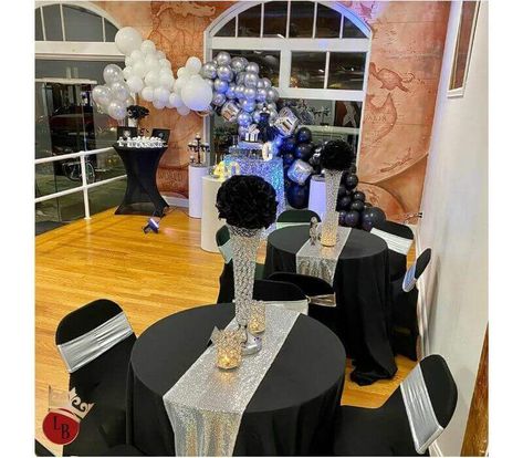 White Silver Balloons, Quinceañera Planning, Table Runner Flowers, Black Tablecloths, Black And White Tablecloth, Marquee Numbers, Event Decor Ideas, Party Decorations Table, Chair Covers Party