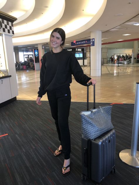 Our Team's Go-To Travel Outfits - Cupcakes & Cashmere Nike Travel Outfit, Lululemon Travel Outfit, College Dress, Zara Denim Jacket, Crew Team, Velvet Sweatshirt, Tory Burch Sandals, Travel Outfits, Cupcakes And Cashmere