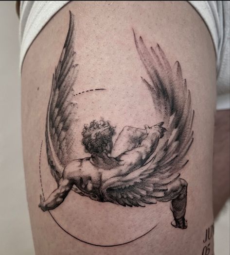 Angels Tattoos Men, Icarus Tattoo Thigh, Icarus Back Tattoo, Freedom Tattoo Men, Fallen Angel Tattoo Designs, Falling Angel Tattoo, Icarus Drawing, Angle Tattoo, Collar Bone Tattoo For Men