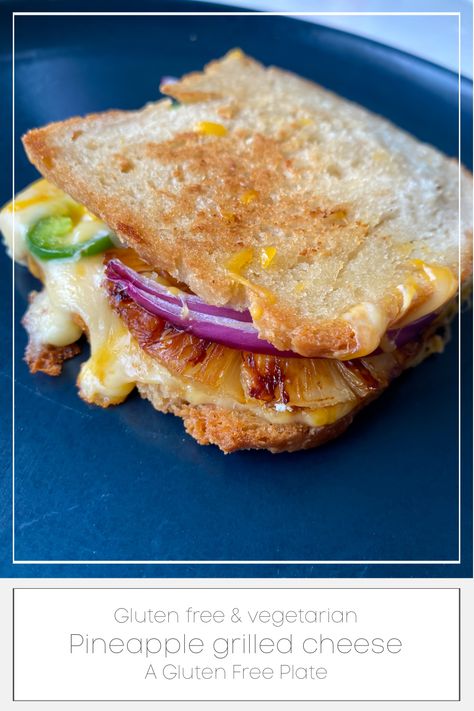 Are you looking for an easy grilled cheese sandwich that is packed with flavor? Check out this recipe for a three cheee grilled cheese sandwich with cheddar, cream cheese, and smoked gouda. This easy grilled cheese sandwich recipe is topped with caramelized pineapple, red onoin, and spicy jalapenos. #glutenfree #vegetarian #cheese #sandwich Pineapple Grilled Cheese, Turkey Pineapple, Leftover Pineapple, Grilled Cheese Sandwich Recipe, Gluten Free Recipes Appetizers, Easy Grilled Cheese, Caramelized Pineapple, Grill Cheese Sandwich Recipes, Gluten Free Appetizers