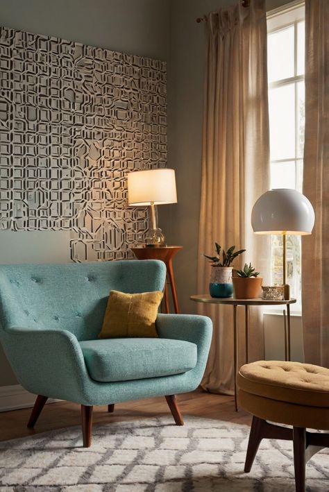 Step back in time with Benjamin Moore's Calm for Mid-Century Modern flair. Discover how this hue enhances retro vibes effortlessly. #ad     #Colortrend #wallpaint2024  #color2024  #DIYpainting  ##DIYhomedecor  #Fixhome Mid Century Modern Sitting Area, Modern Sitting Area, Mid Century Modern Bedroom Design, Mid Century Modern Wallpaper, Mid Century Modern Rug, Mid Century Modern Sideboard, Mid Century Modern Curtains, Midcentury Modern Dining Table, Mid Century Modern Bedroom