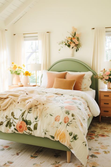 Cottagecore Modern Bedroom, Bright Cottage Bedroom, Cottagecore Bedrooms, Wood And Plants, Floral Patterns Vintage, Cottagecore Bedroom Ideas, Cottage Core Bedroom, Romantic Bedrooms, Cottagecore Bedroom