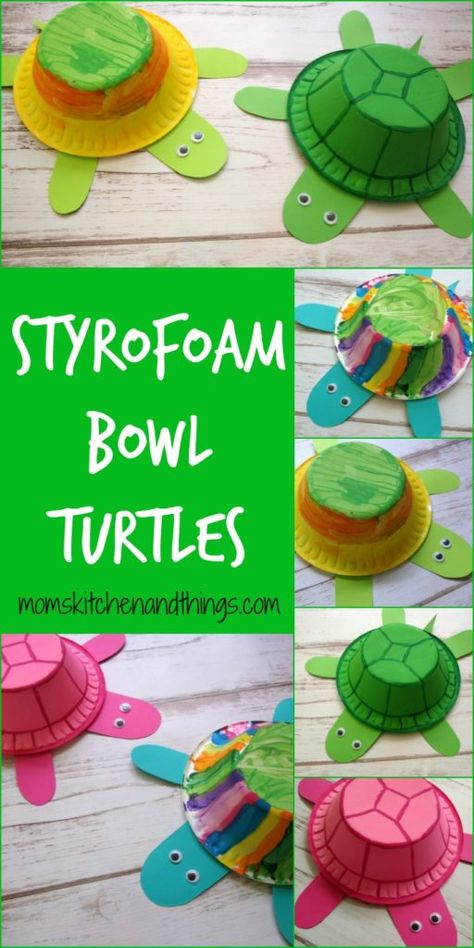 Styrofoam Bowl Turtles Kunst For Barn, Babysitting Crafts, Turtle Crafts, Summer Camp Crafts, Toddler Arts And Crafts, Daycare Activities, Ocean Crafts, Animal Crafts For Kids, Daycare Crafts