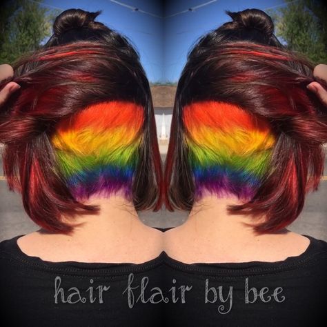 Hidden Rainbow Undercut Rainbow Undercut Hair, Undercut Color Ideas, Rainbow Undercut, Rainbow Underneath Hair, Hairdye Ideas, Rainbow Roots, Extreme Hair Colors, Straightening Natural Hair, Undercut Long Hair