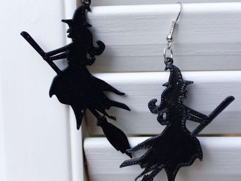 Witch Halloween Earrings by cheesemcgee - Thingiverse Witches Library, 3d Printing Art, Laser Engraved Ideas, 3d Printing Projects, Goth Jewelry, Witch Halloween, Halloween Earrings, 3d Printable, Halloween Witch