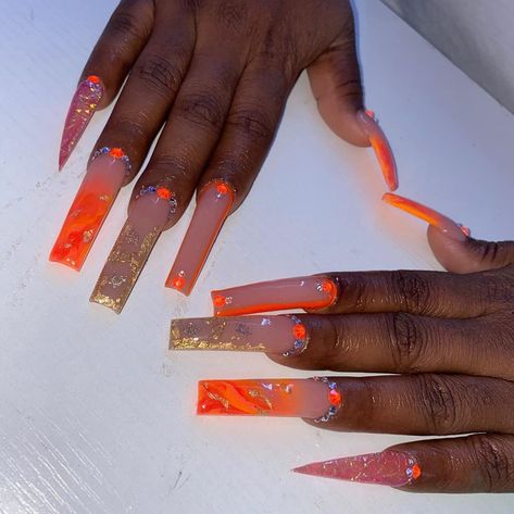 Orange Acrylic Nails, Acrylic Nail Designs Coffin, Nail Lab, Tapered Square Nails, Long Acrylic Nail Designs, Long Acrylic Nails Coffin, Exotic Nails, Piercing Ring, Bling Acrylic Nails