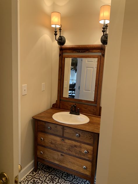 Antique dresser becomes vanity Small Antique Dresser Bathroom Vanity, Dresser Sink Vanity, Dresser Sink, Diy Bathroom Sink, Dresser Bathroom Vanity, Cottage Bathrooms, Dresser Vanity Bathroom, Country Decorations, Egg House