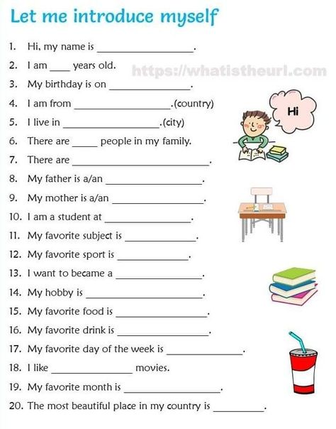 Introduction worksheet | Learn english, English lessons for kids, Learn english vocabulary Myself Worksheets For Grade 1, About Myself Worksheet For Kids, Introduction Of Myself For School, Introduce Yourself Ideas School, Introduce Myself Ideas, English Writing Skills Worksheets, Introducing Myself Ideas, Introduce Yourself Ideas, English Lessons For Beginners