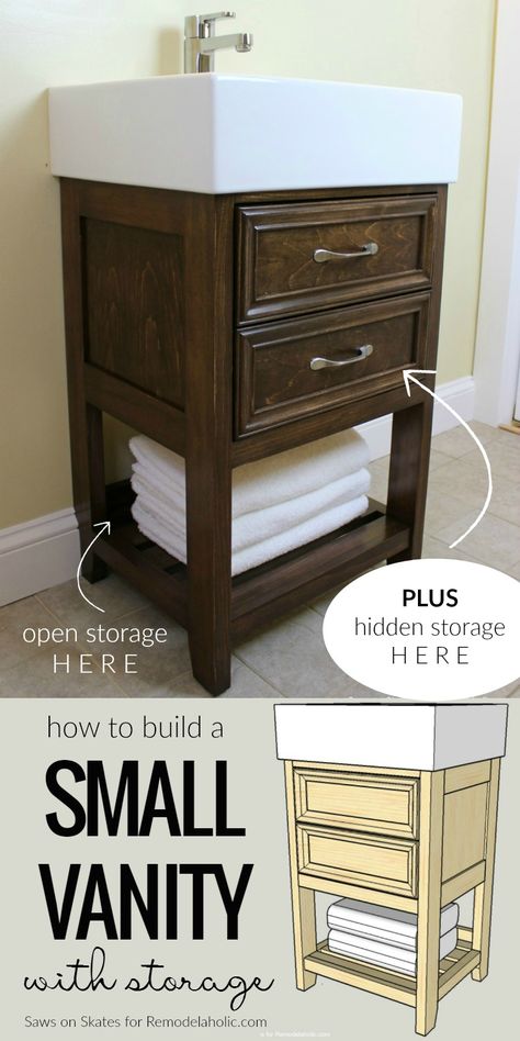 How To Build A Small Bathroom Vanity To Fit An Ikea Sink, With Open And Hidden Storage @Remodelaholic Diy Sink Vanity, Ikea Sink, Diy Bathroom Sink, Diy Sink, Small Bathroom Vanity, Ikea Sinks, Top Bathroom Design, Bathroom Vanity Storage, Bathroom Sink Storage