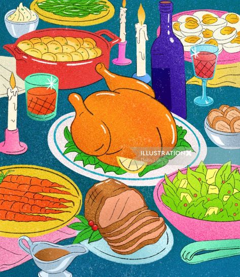 Food illustration of Christmas dinner Christmas Dinner Illustration, Dinner Party Illustration Art, Eating Dinner Illustration, Table Food Illustration, Dinner Illustration, Vintage Christmas Food Illustration, Thanksgiving Food Illustration, Christmas Dinner Plates, Xmas Drawing