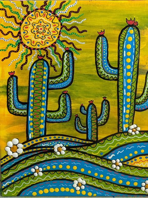 Cactus Folk Art, Mexican Terrace, Mexican Illustration Art, Mexican Paintings Ideas, Mexican Painted Furniture, Llama Quilt, Southwest Art Paintings, Cactus Flower Painting, Southwestern Paintings