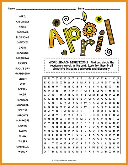 Free Printable April Word Search Spring Activities For High School, April Word Search, Kids Quiz Questions, Word Puzzles For Kids, Makerspace Projects, Sel Activities, Word Search For Kids, Kids Word Search, Free Printable Word Searches