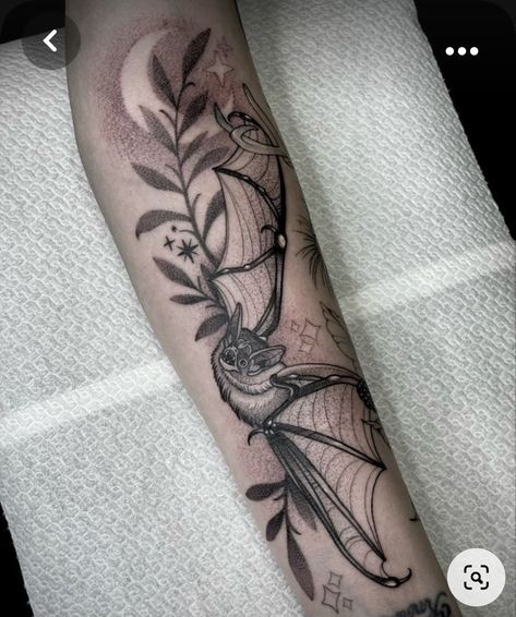 Nocturnal Animals Tattoo, Illustrative Bat Tattoo, Black And Grey Bat Tattoo, Open Wing Bat Tattoo, Bat And Moon Tattoo Ideas, Bat Half Sleeve Tattoo, Neotrad Bat Tattoo, Bat Tattoo On Arm, Bat Tattoo Forearm