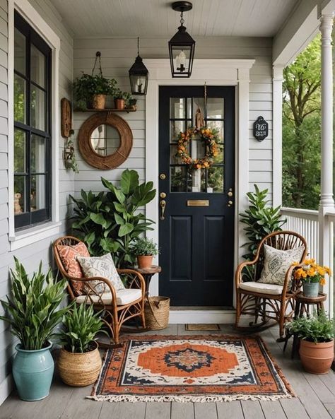 20 Boho Style Front Porch Ideas To Try – ToolzView Garden Front Porch Ideas, Boho Front Door Ideas, Boho Farmhouse Front Porch, Boho Porch Decor Outdoor Front Door, Boho Front Yard Ideas, How To Style A Front Porch, Back Porch Wall Ideas, Front Door With Porch, Front Entry Porch Ideas