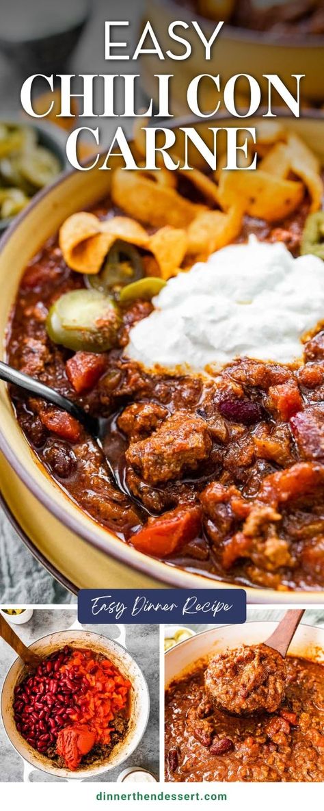 Easy Chili Con Carne recipe is hearty and flavorful made with ground beef, chili powder, onions, bell peppers and beans simmered until thick. Best Chili Con Carne Recipe, Chili With Beans And Ground Beef, Thick Chili Recipe, Thick Chili, Chili Con Carne Recipe, Carne Recipe, Cooks Kitchen, Slow Cooker Appetizers, Con Carne Recipe