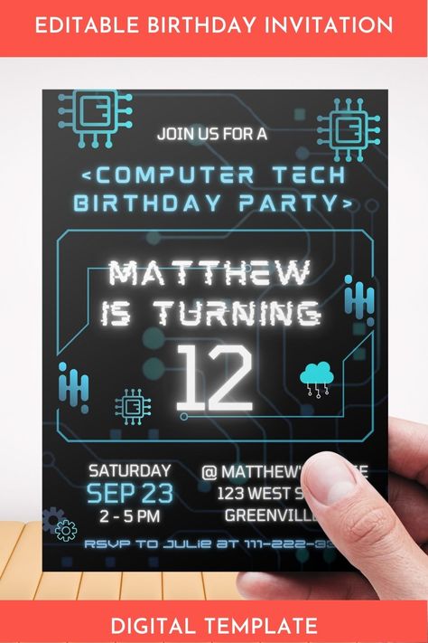 Celebrate in style with this stylish computer tech-themed birthday party invitation template! Featuring a futuristic design with a modern tech aesthetic, this template is perfect for computer lovers of all ages. Get your party started with this one-of-a-kind computer tech-themed birthday invitation template! All text is editable! Tech Birthday Party Ideas, Tech Party Theme, Tech Themed Party, Tech Event Invitation, Computer Birthday, Boys Birthday Party Games, Computer Theme, Galaxy Wedding, Technology Theme