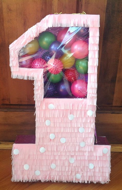 Number one piñata , pink with white dots.  Top section filled with balls, bottom section with candy. Piñata Ideas, Diy Pinata, Pinata Party, Photos Booth, Mickey Party, Birthday Planning, Baby 1st Birthday, Minnie Mouse Birthday, Baby Birthday