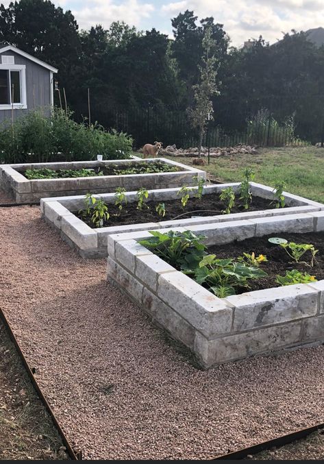 Brick Garden Bed, Brick Raised Garden Beds, Pea Gravel Backyard, Gravel Backyard, Raised Garden Beds Diy Vegetables, Ideas Jardin, Cinder Block Garden, Brick Garden, Backyard Oasis Ideas