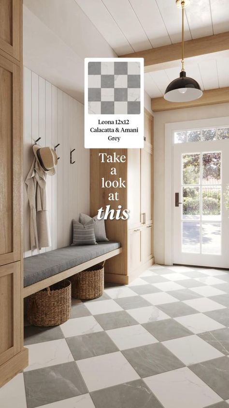 Transform your space with the striking contrast of checkerboard. Whether you choose a traditional black and white scheme or opt for a more colorful palette, these tiles provide a durable and eye-catching design that suits a variety of interior styles. Checkered Floor Laundry Room, Stroud Homes, Checkerboard Tile, Laundry Room Inspo, Entryway Inspo, Mudroom Remodel, Checkered Floor, Entryway Tile, Checkerboard Floor