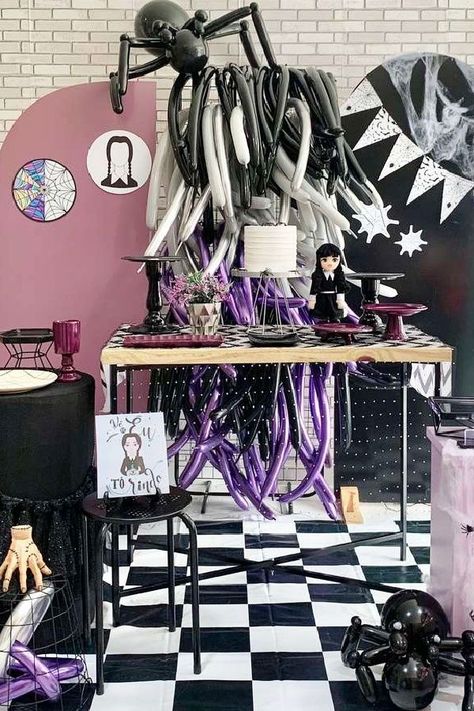 Don't miss this fun Wednesday birthday party! The party decorations are incredible! See more party ideas and share yours at CatchMyParty.com Wednesday Addams Birthday Party Ideas, Wednesday Party Ideas, Wednesday Birthday Party, Wednesday Addams Party Ideas, Wednesday Addams Birthday Party, Wednesday Addams Party, Wednesday Addams Birthday, Wednesday Birthday, Wednesday Party